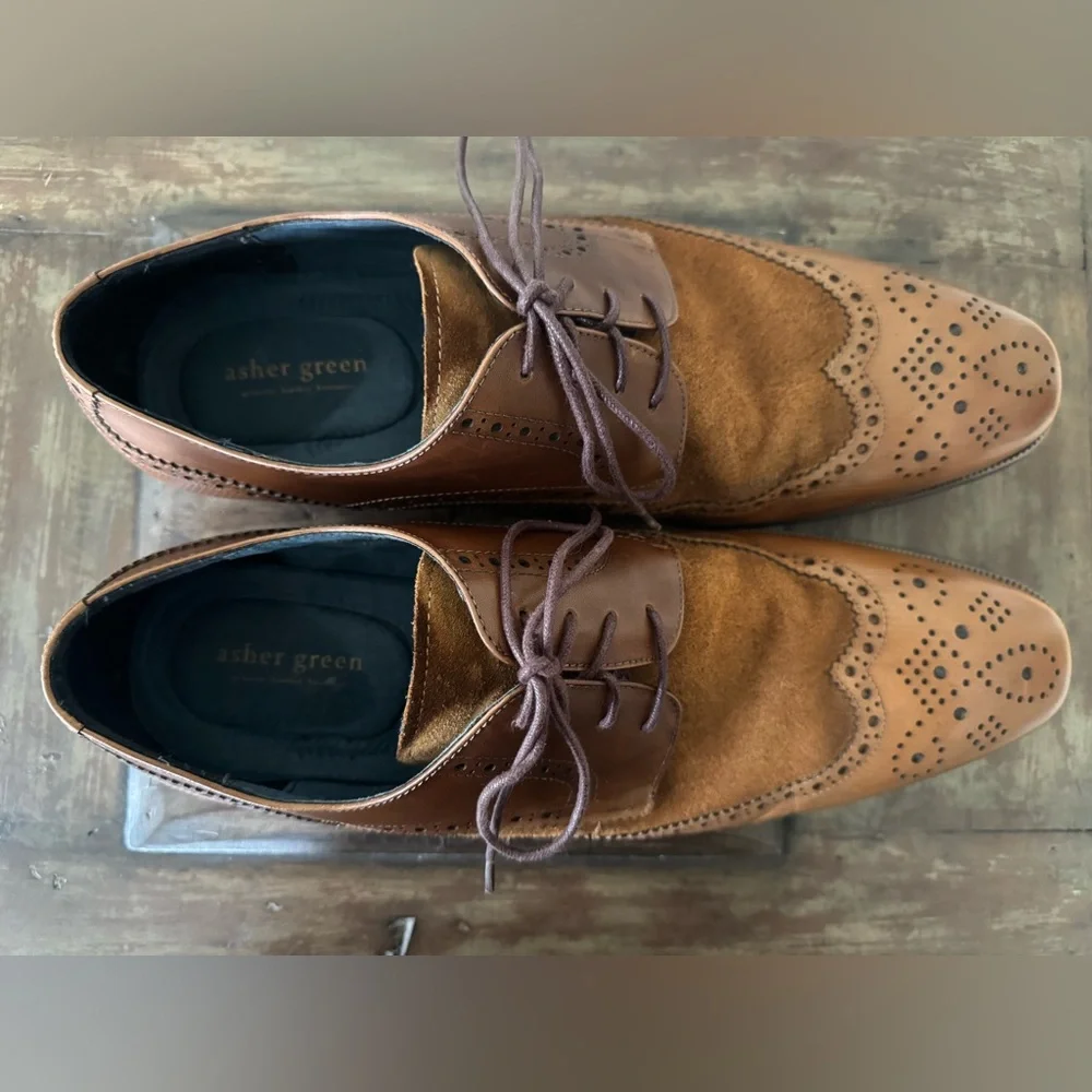 Asher Green wingtip oxfords brown leather‎ suede dress shoes size 13